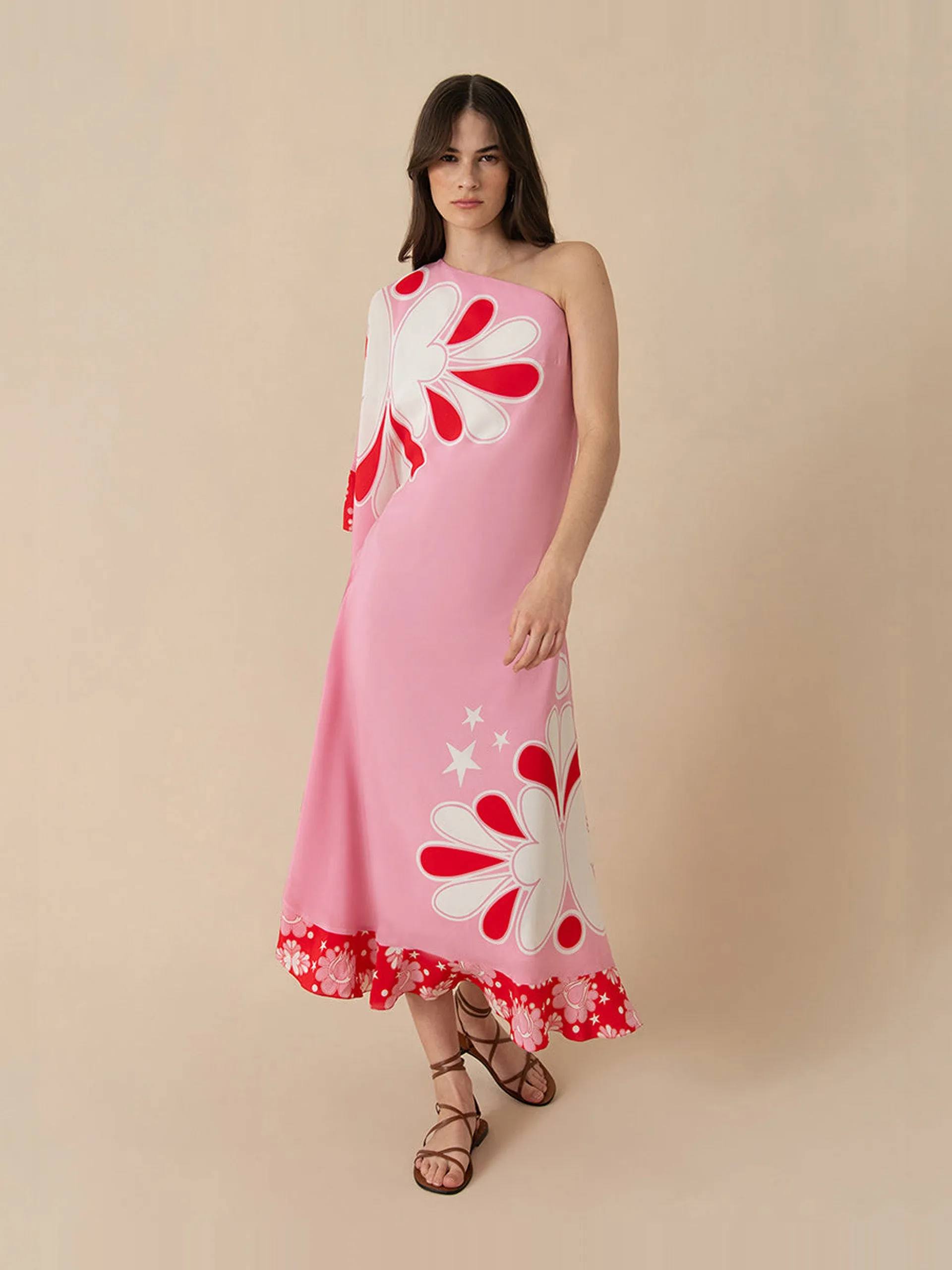 70s flower pink Ginger crepe midi dress
