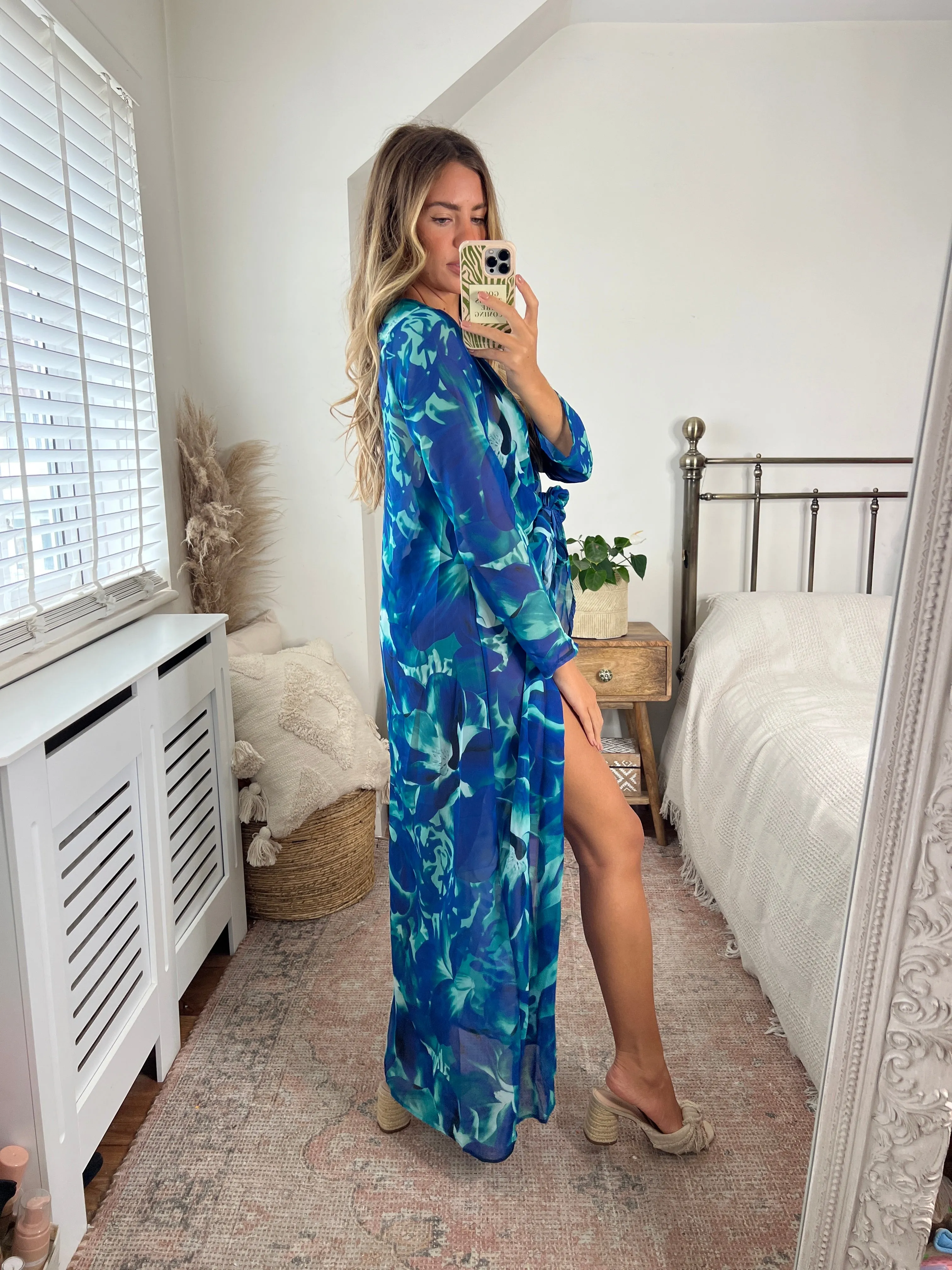 Lightweight Wrap Maxi Tunic in Sax Abstract print